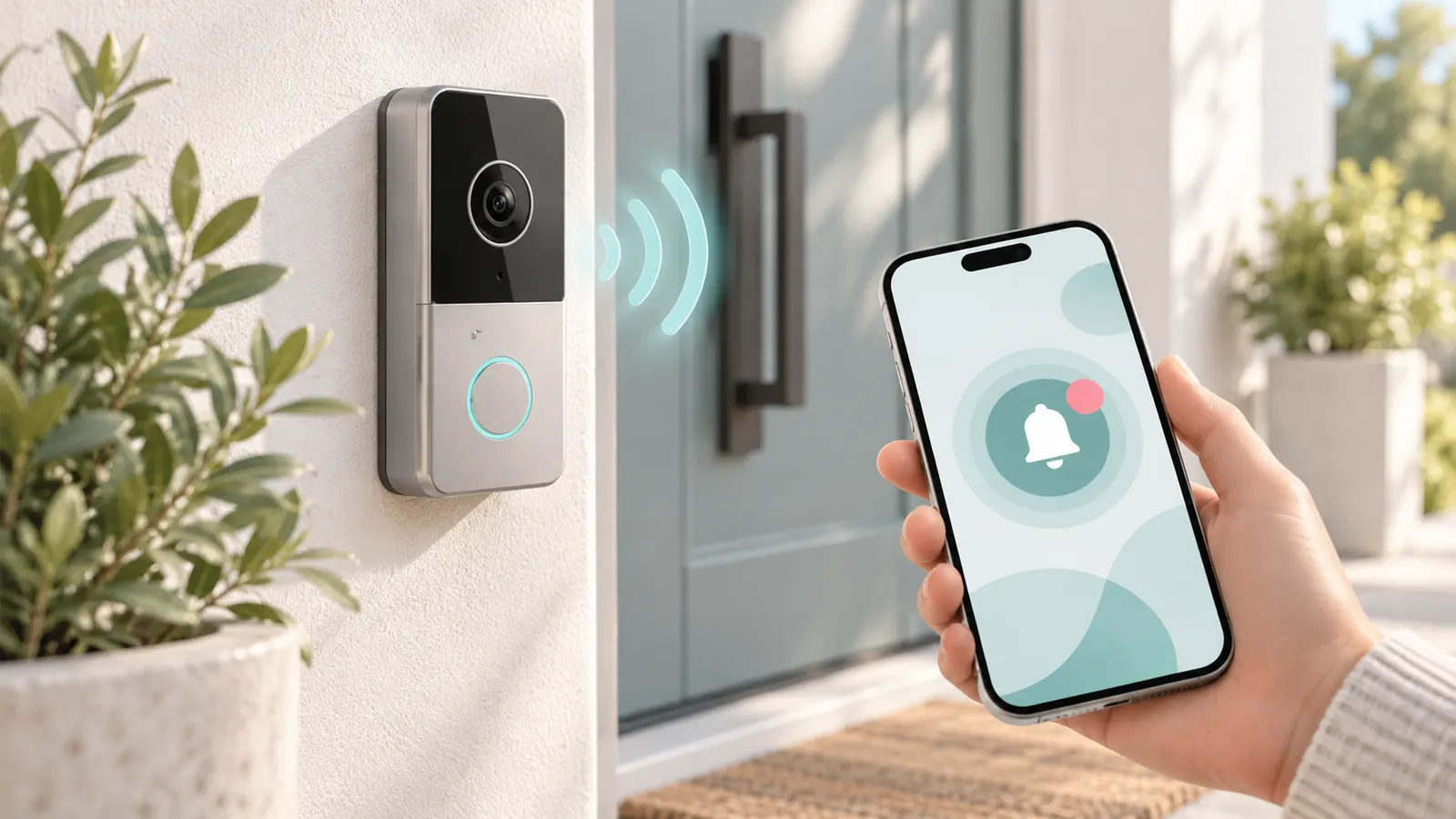 Concept illustration of a video doorbell and a smartphone receiving a wireless alert.