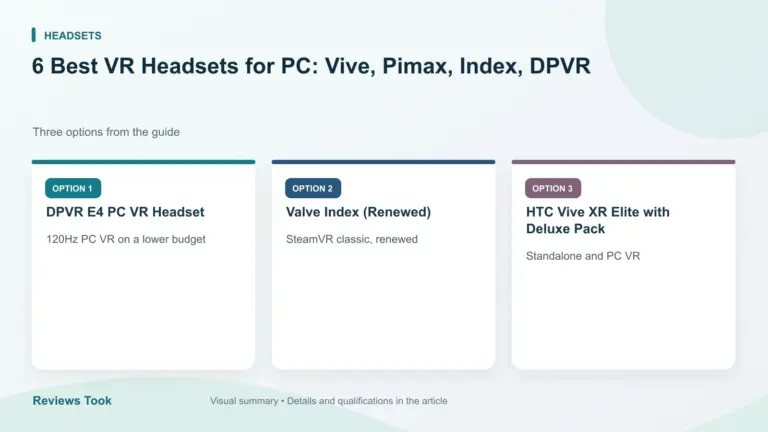 Comparison of three options: DPVR E4 PC VR Headset; Valve Index (Renewed); HTC Vive XR Elite with Deluxe Pack.