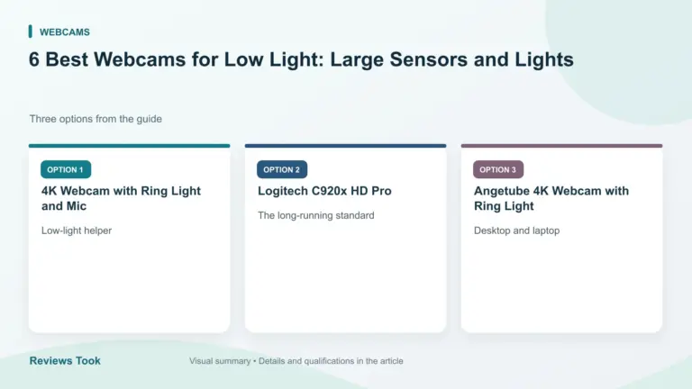 Comparison of three options: 4K Webcam with Ring Light and Mic; Logitech C920x HD Pro; Angetube 4K Webcam with Ring Light.