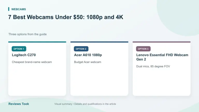 Comparison of three options: Logitech C270; Acer A610 1080p; Lenovo Essential FHD Webcam Gen 2.