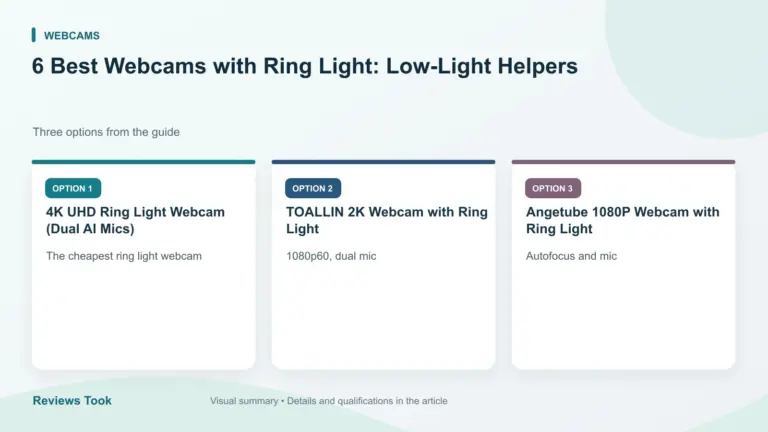 Comparison of three options: 4K UHD Ring Light Webcam (Dual AI Mics); TOALLIN 2K Webcam with Ring Light; Angetube 1080P Webcam with Ring Light.