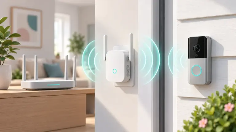 Concept illustration of a Wi-Fi extender connecting a router to a video doorbell.