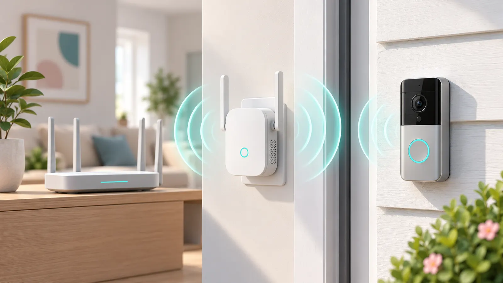 Concept illustration of a Wi-Fi extender connecting a router to a video doorbell.