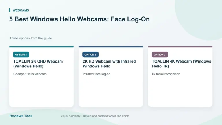 Comparison of three options: TOALLIN 2K QHD Webcam (Windows Hello); 2K HD Webcam with Infrared Windows Hello; TOALLIN 4K Webcam (Windows Hello, IR).