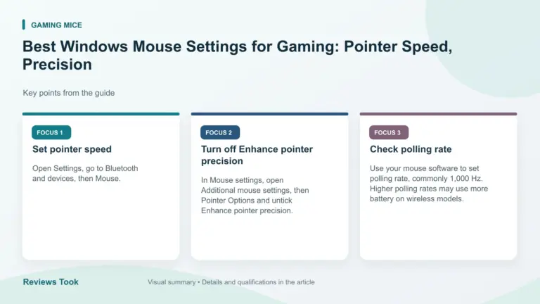 Visual summary: Set pointer speed; Turn off Enhance pointer precision; Check polling rate.