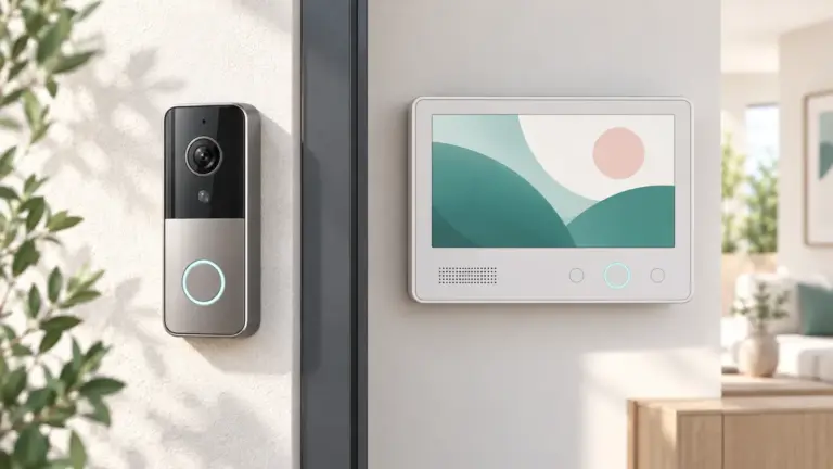 Concept illustration of a wired video doorbell paired with an indoor display.