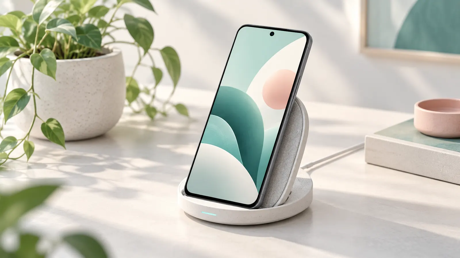 Concept illustration of a smartphone resting on a wireless charging stand.
