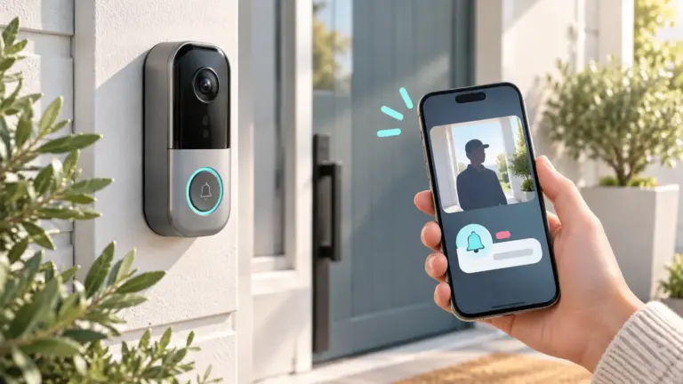 Concept illustration of a wireless video doorbell sending a visitor alert to a smartphone.