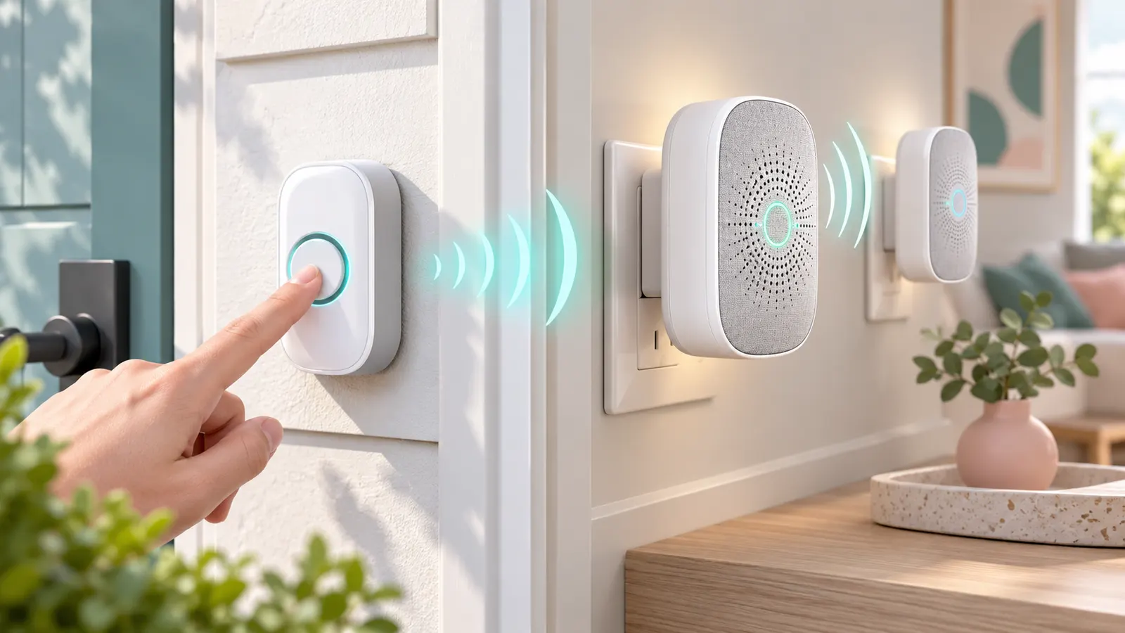 Concept illustration of a wireless doorbell button paired with indoor chimes.