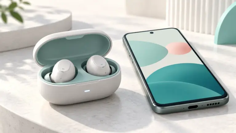 Concept illustration of wireless earbuds in an open charging case beside a smartphone.