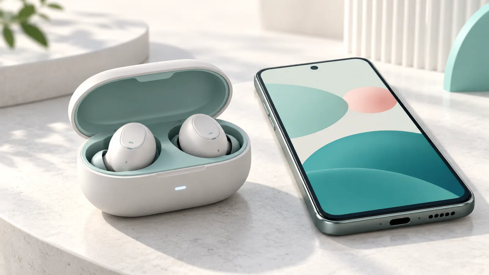 Concept illustration of wireless earbuds in an open charging case beside a smartphone.