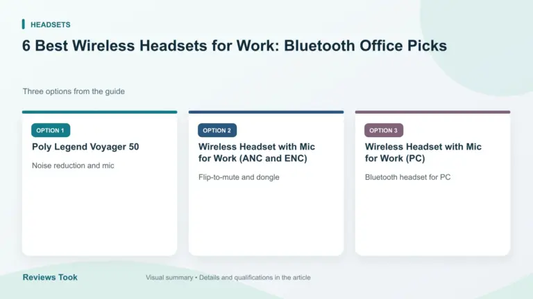 Comparison of three options: Poly Legend Voyager 50; Wireless Headset with Mic for Work (ANC and ENC); Wireless Headset with Mic for Work (PC).
