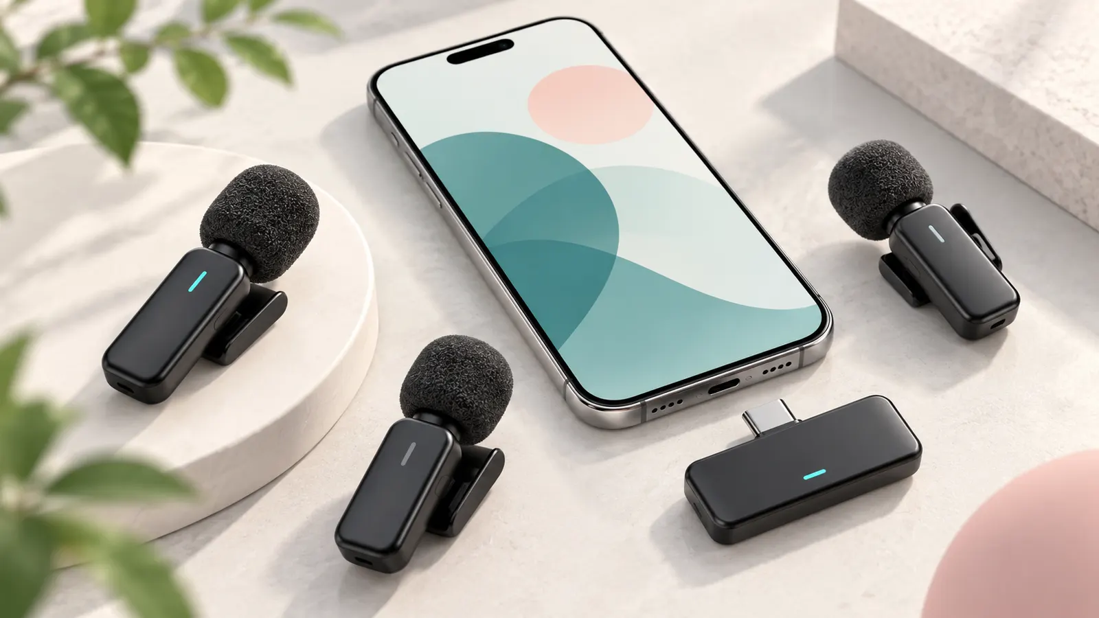 Concept illustration of compact wireless clip-on microphones, a receiver and a smartphone.