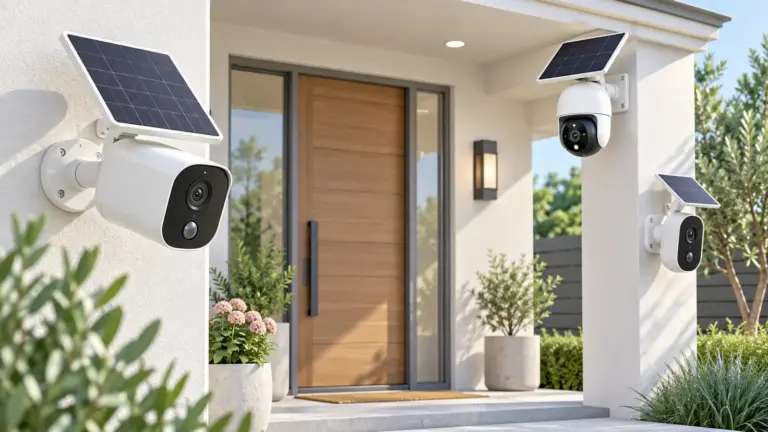 Concept illustration of unbranded wireless outdoor security cameras mounted near a home entrance.