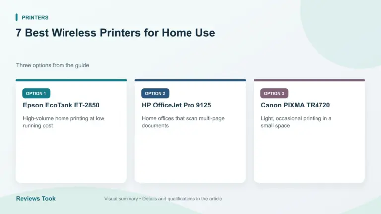 Comparison of three options: Epson EcoTank ET-2850; HP OfficeJet Pro 9125; Canon PIXMA TR4720.