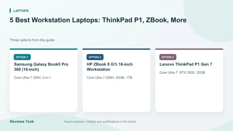 Comparison of three options: Samsung Galaxy Book5 Pro 360 (16-inch); HP ZBook 8 G1i 16-inch Workstation; Lenovo ThinkPad P1 Gen 7.