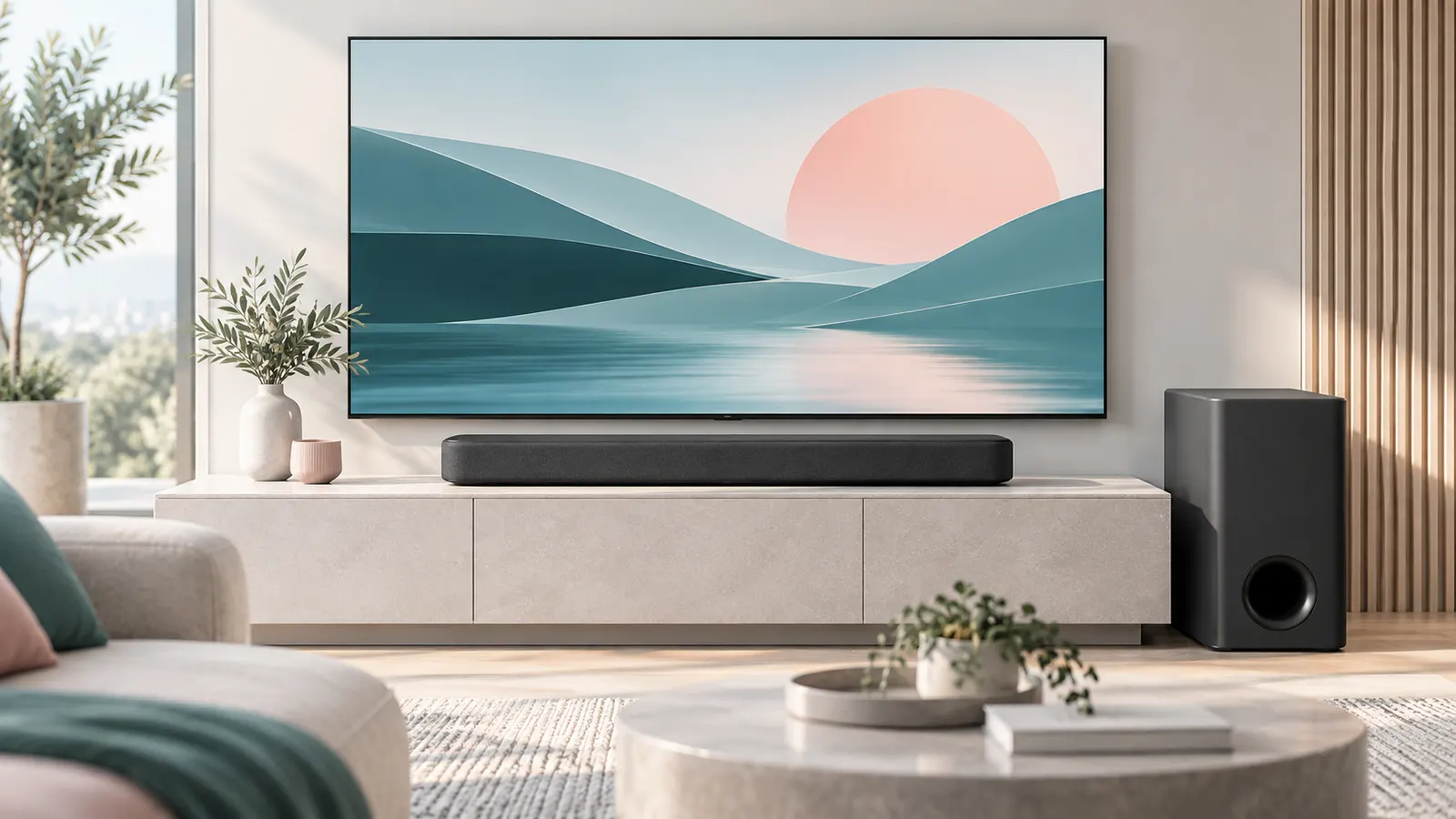 Concept illustration of a soundbar with a separate subwoofer beside a television cabinet.