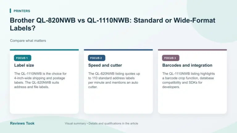 Visual summary: Label size; Speed and cutter; Barcodes and integration.