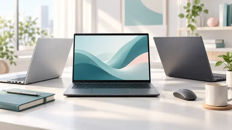 Concept illustration of unbranded business laptops in a tidy professional workspace.