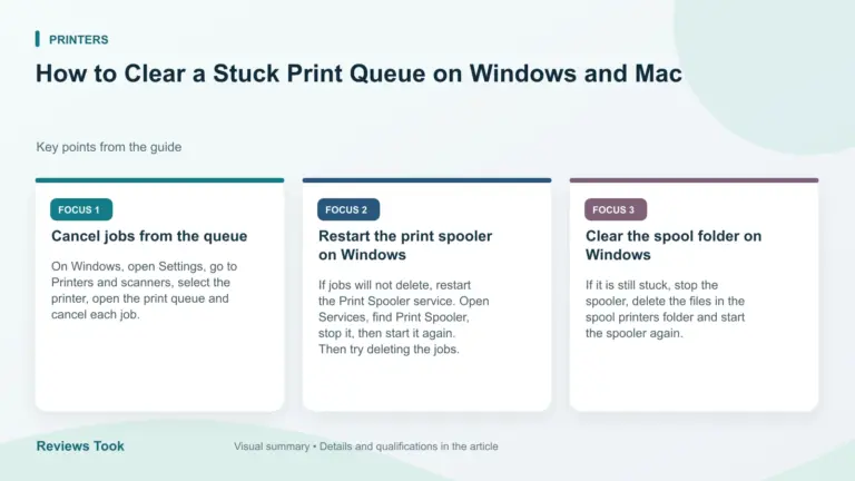 Visual summary: Cancel jobs from the queue; Restart the print spooler on Windows; Clear the spool folder on Windows.