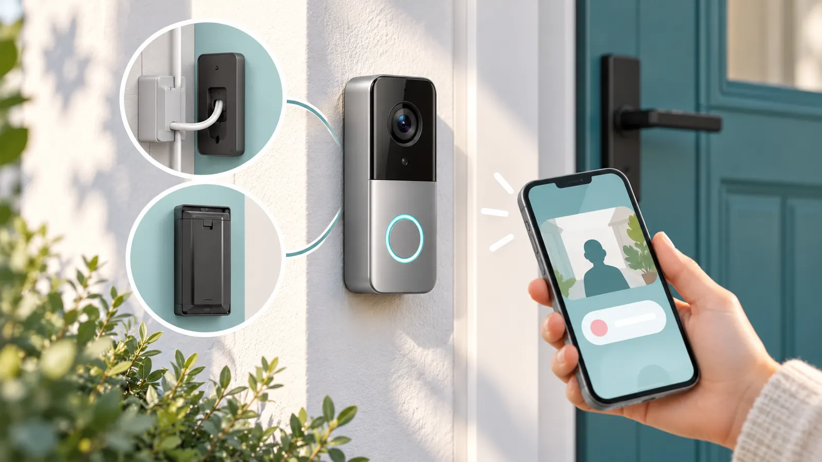 Concept illustration of a video doorbell with wired and battery power options and a smartphone notification.