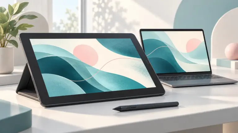 Concept illustration of an unbranded pen display tablet, stylus and laptop showing abstract digital artwork.