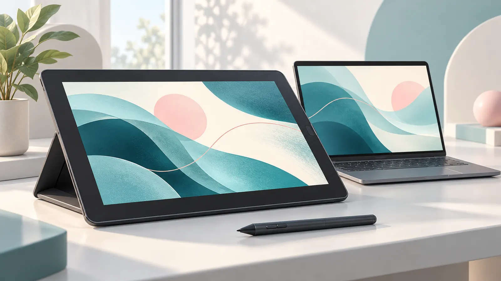 Concept illustration of an unbranded pen display tablet, stylus and laptop showing abstract digital artwork.
