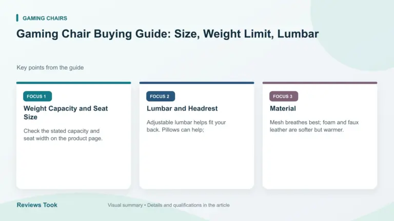 Visual summary: Weight Capacity and Seat Size; Lumbar and Headrest; Material.