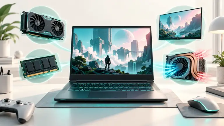 Concept illustration of a gaming laptop surrounded by graphics, memory, display and cooling components.