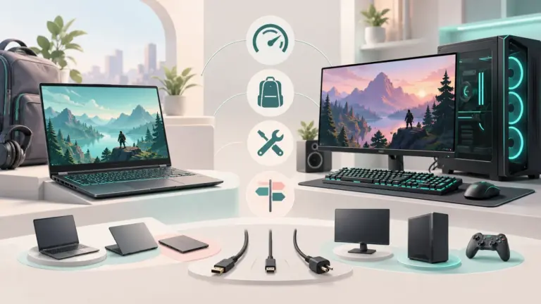 Concept illustration comparing a portable gaming laptop with a desktop tower, monitor and upgrade symbols.