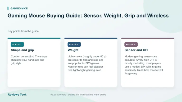 Visual summary: Shape and grip; Weight; Sensor and DPI.