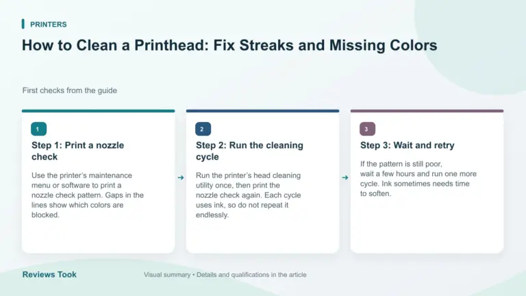 Illustrated checks: Step 1: Print a nozzle check; Step 2: Run the cleaning cycle; Step 3: Wait and retry.