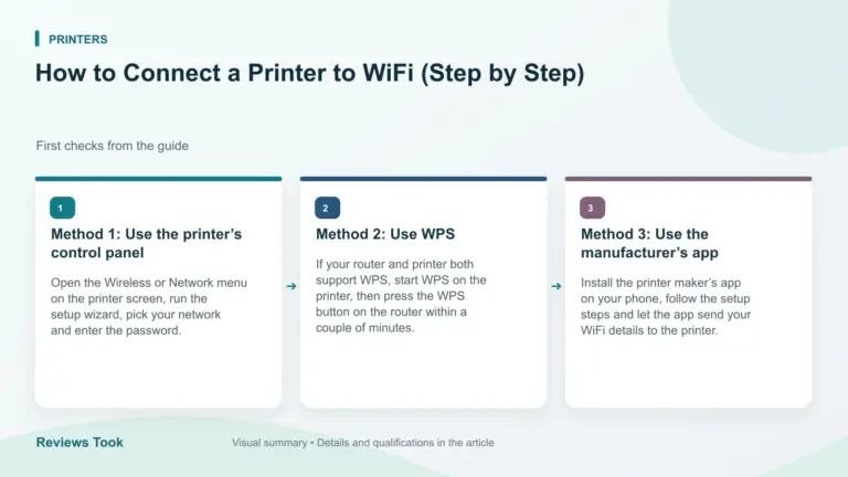 Illustrated checks: Method 1: Use the printer’s control panel; Method 2: Use WPS; Method 3: Use the manufacturer’s app.