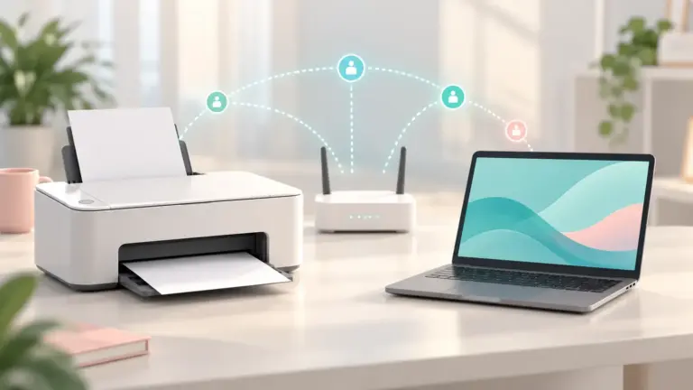 Concept illustration of a printer, wireless router and laptop connected on a local network.