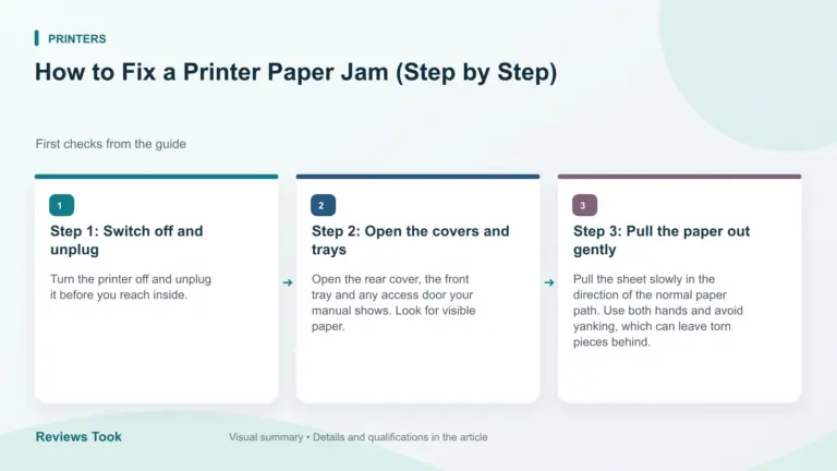 Illustrated checks: Step 1: Switch off and unplug; Step 2: Open the covers and trays; Step 3: Pull the paper out gently.