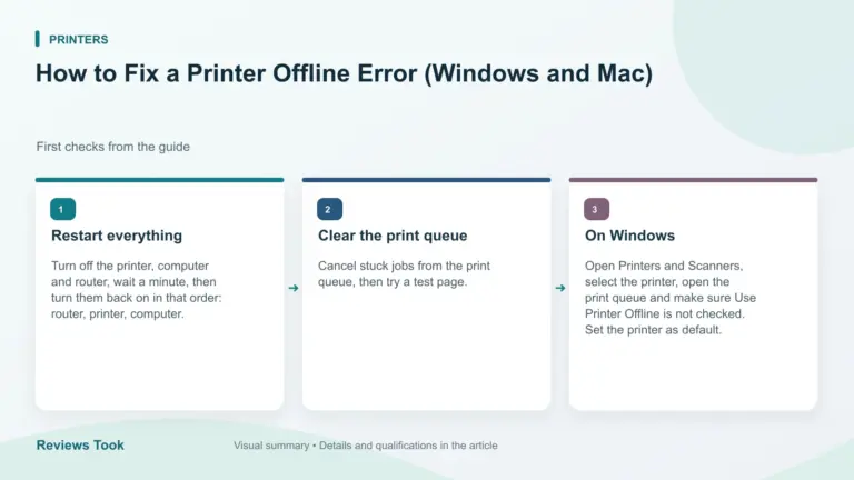 Illustrated checks: Restart everything; Clear the print queue; On Windows.