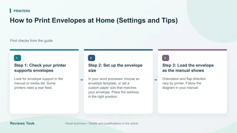 Illustrated checks: Step 1: Check your printer supports envelopes; Step 2: Set up the envelope size; Step 3: Load the envelope as the manual shows.
