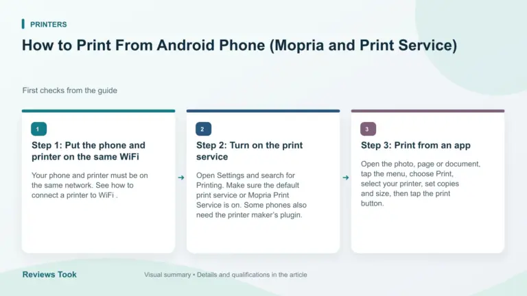 Illustrated checks: Step 1: Put the phone and printer on the same WiFi; Step 2: Turn on the print service; Step 3: Print from an app.