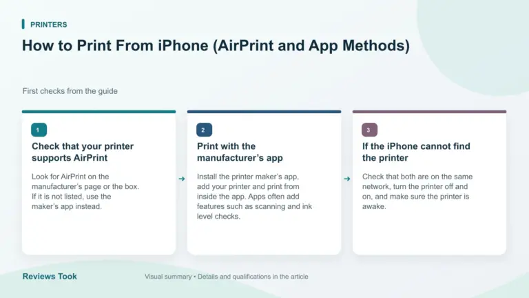 Illustrated checks: Check that your printer supports AirPrint; Print with the manufacturer’s app; If the iPhone cannot find the printer.
