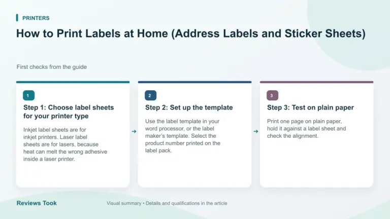 Illustrated checks: Step 1: Choose label sheets for your printer type; Step 2: Set up the template; Step 3: Test on plain paper.