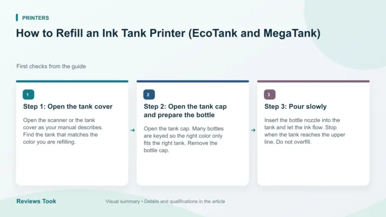 Illustrated checks: Step 1: Open the tank cover; Step 2: Open the tank cap and prepare the bottle; Step 3: Pour slowly.