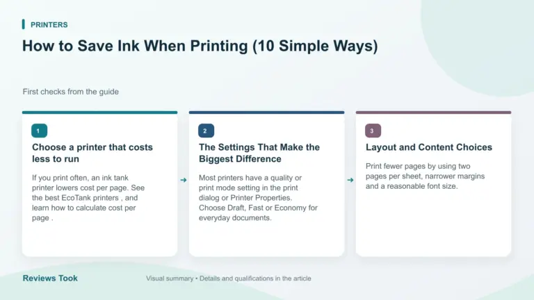 Illustrated checks: Choose a printer that costs less to run; The Settings That Make the Biggest Difference; Layout and Content Choices.