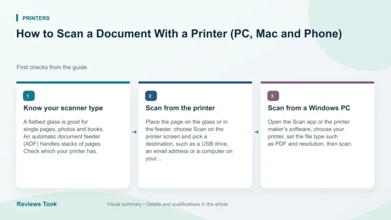 Illustrated checks: Know your scanner type; Scan from the printer; Scan from a Windows PC.
