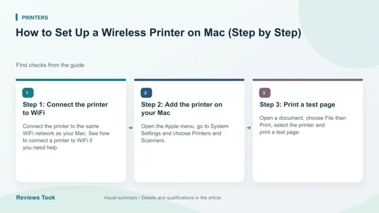 Illustrated checks: Step 1: Connect the printer to WiFi; Step 2: Add the printer on your Mac; Step 3: Print a test page.