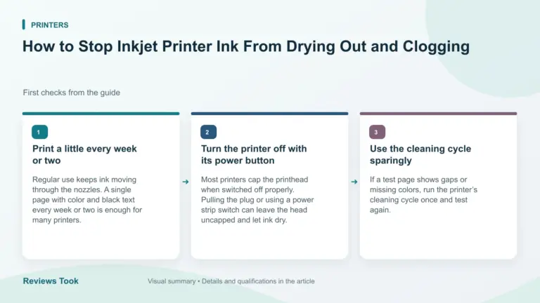 Illustrated checks: Print a little every week or two; Turn the printer off with its power button; Use the cleaning cycle sparingly.