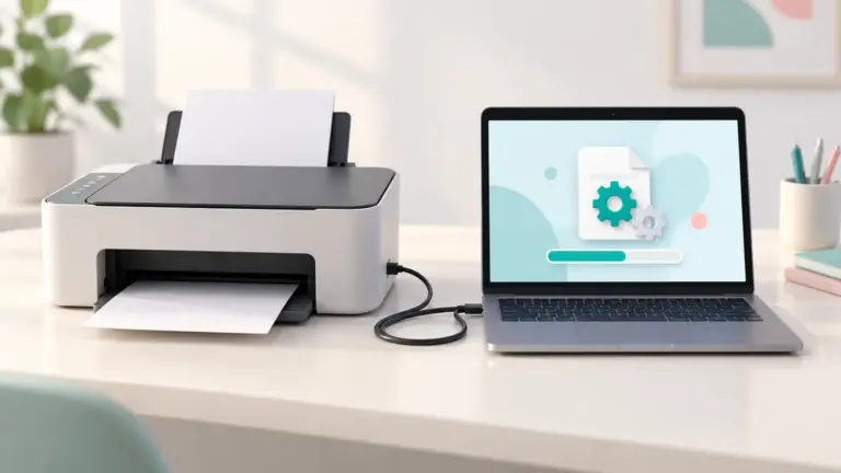 Concept illustration of a printer connected to a laptop displaying software update symbols.