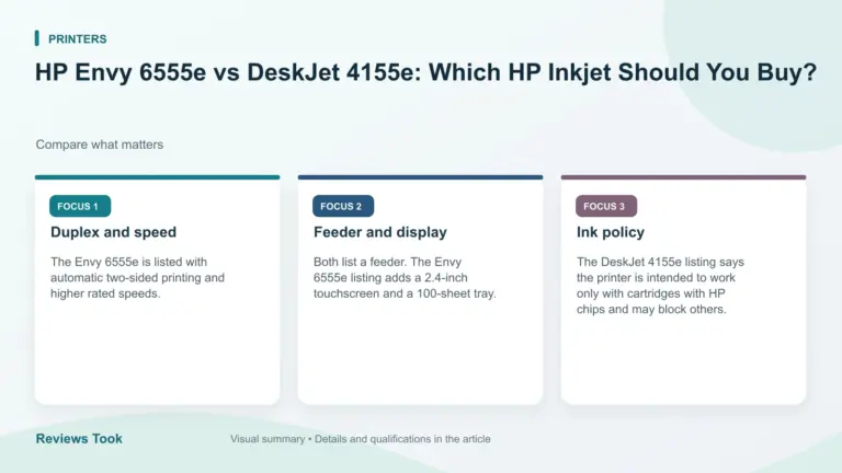 Visual summary: Duplex and speed; Feeder and display; Ink policy.