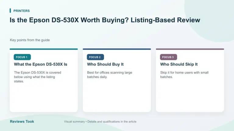 Visual summary: What the Epson DS-530X Is; Who Should Buy It; Who Should Skip It.