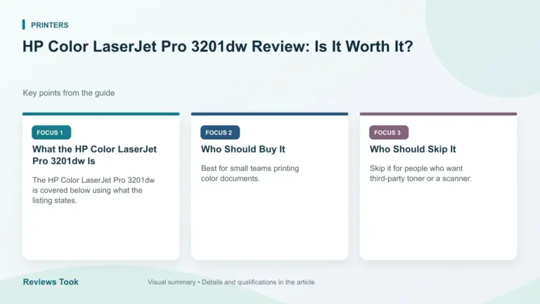 Visual summary: What the HP Color LaserJet Pro 3201dw Is; Who Should Buy It; Who Should Skip It.