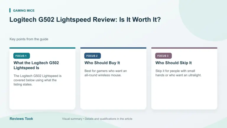 Visual summary: What the Logitech G502 Lightspeed Is; Who Should Buy It; Who Should Skip It.